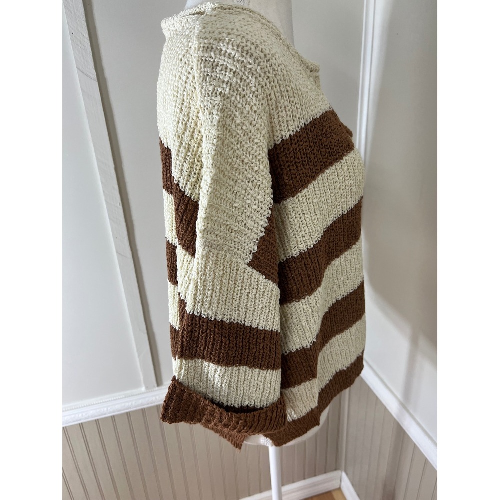 Zenana Striped Knit Sweater Deep Camel Cream V-Neck Short Sleeve L/XL - Picture 13 of 13